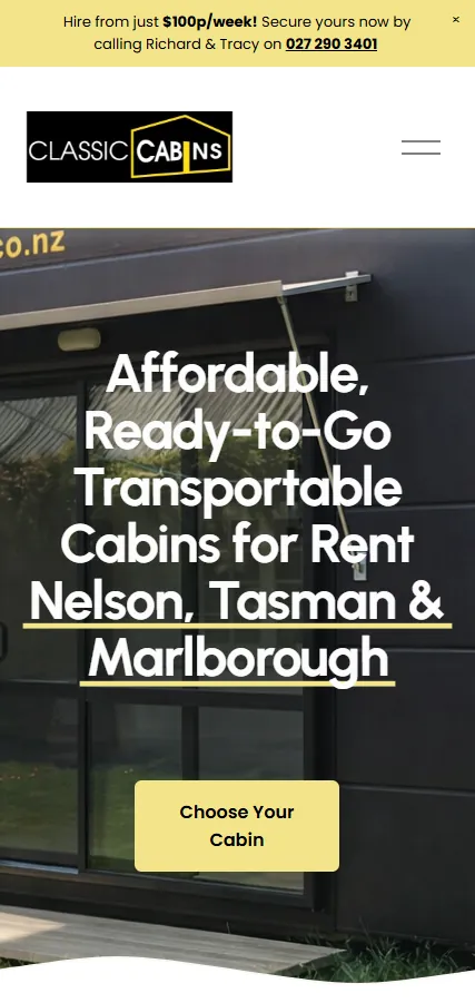 Classic Cabins website by Ben Mather Digital — South Island cabin hire, built for bookings, not browsing. — mobile