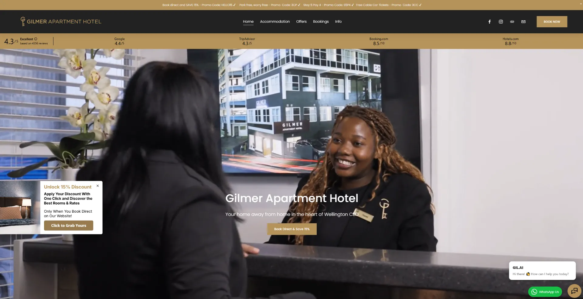 Gilmer Apartment Hotel website by Ben Mather Digital — Boutique Wellington accommodation, clean, photo-led. — desktop