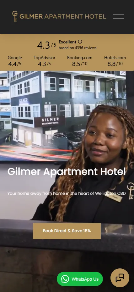 Gilmer Apartment Hotel website by Ben Mather Digital — Boutique Wellington accommodation, clean, photo-led. — mobile
