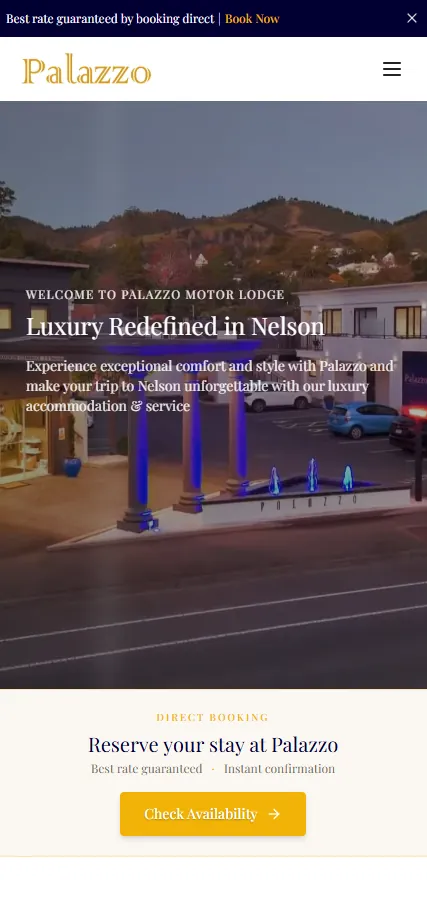 Palazzo Motor Lodge website by Ben Mather Digital — AI-built accommodation site, bespoke design, fast to ship. — mobile