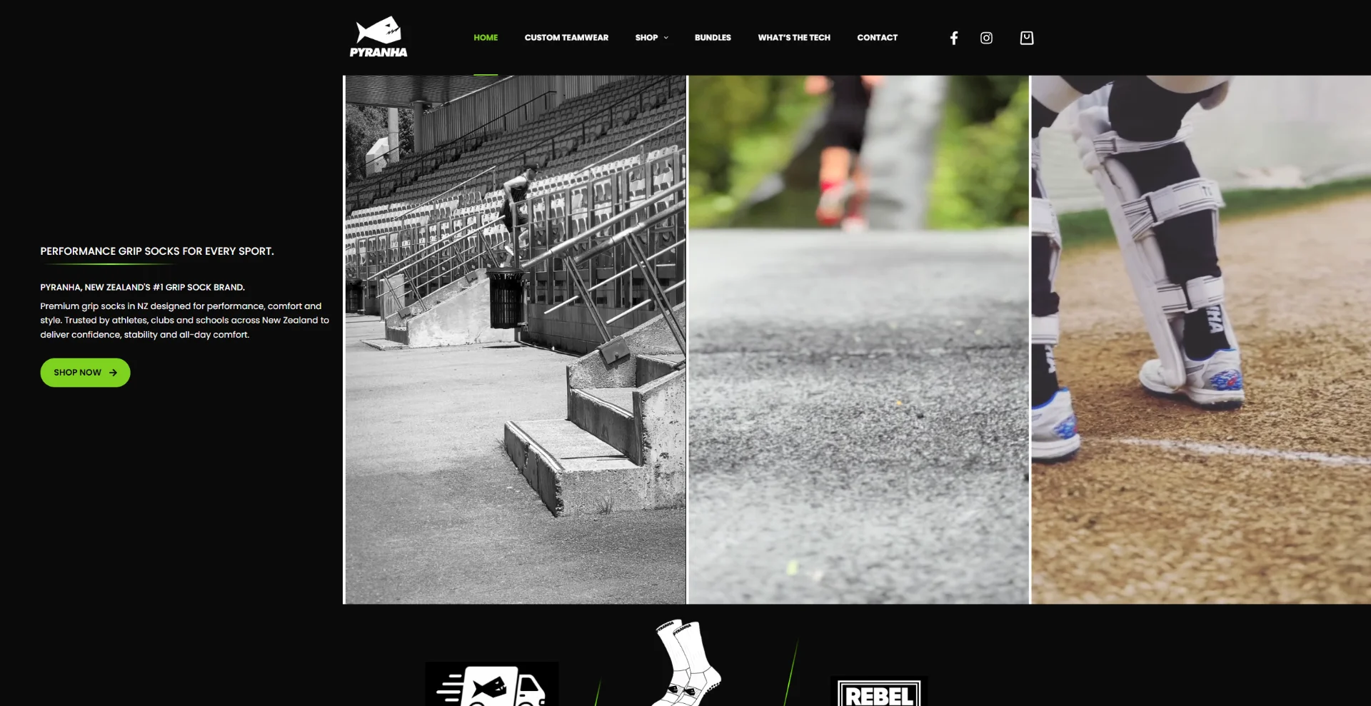 Pyranha website by Ben Mather Digital — NZ's #1 grip sock brand, ecommerce built for athletes. — desktop