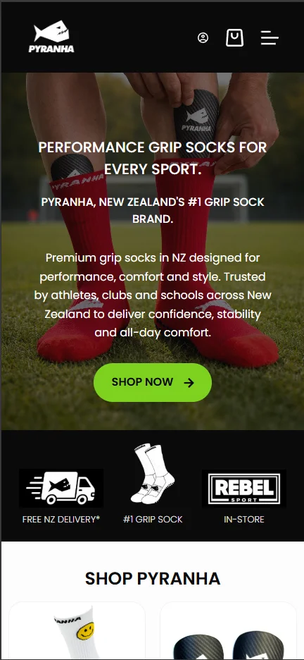 Pyranha website by Ben Mather Digital — NZ's #1 grip sock brand, ecommerce built for athletes. — mobile
